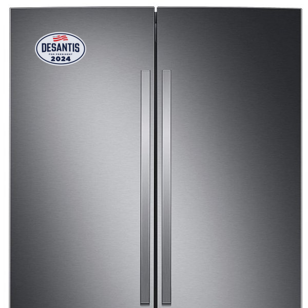DeSantis 2024 logo magnet on a silver refrigerator