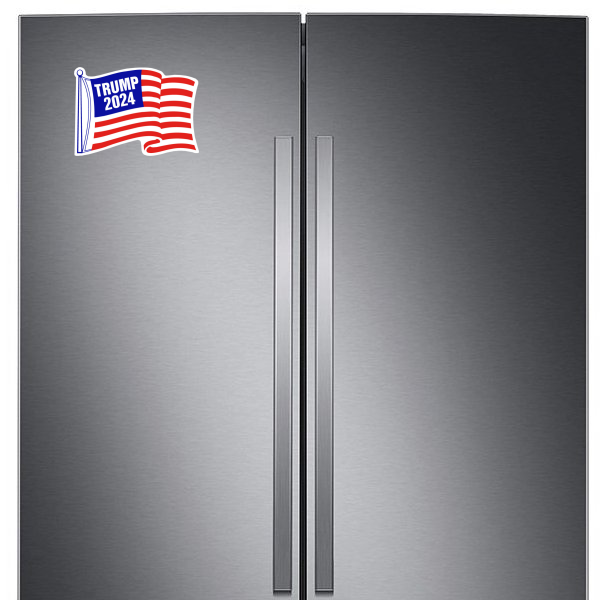 Trump 2024 Flag Magnets on a Refrigerator