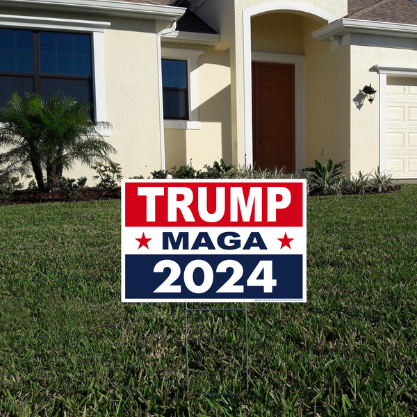 Trump 2024 MAGA Yard Sign Next To A House
