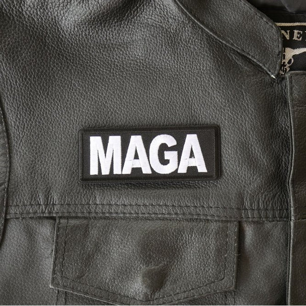 MAGA patch on a leather jacket