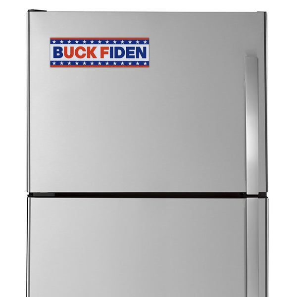Buck Fiden magnet on a stainless steel refrigerator