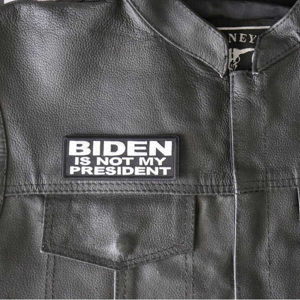 Biden is not my president patch on a black leather jacket