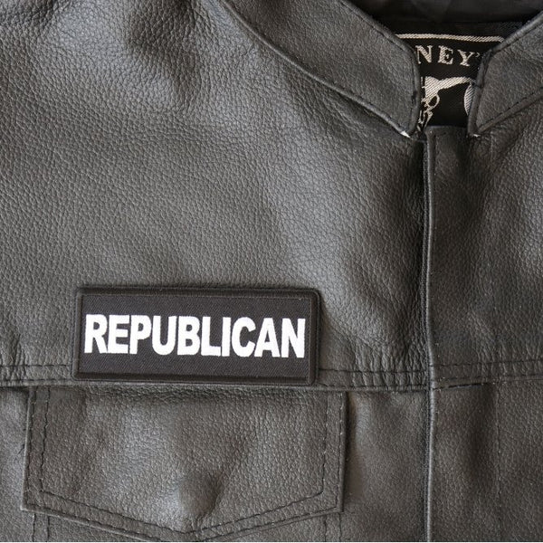 Black republican patch sewn onto a leather jacket