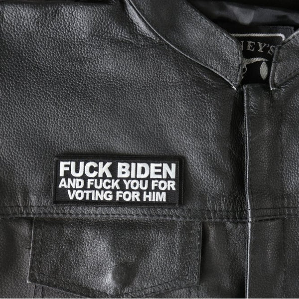 Fuck Biden patch on a leather jacket