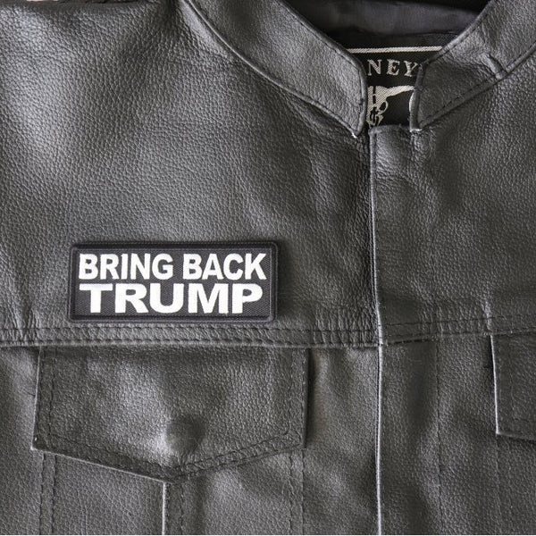 Bring Trump back patch on a black leather jacket
