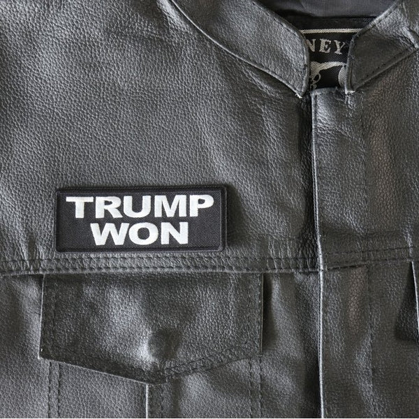 Trump Won patch on a leather motorcycle jacket