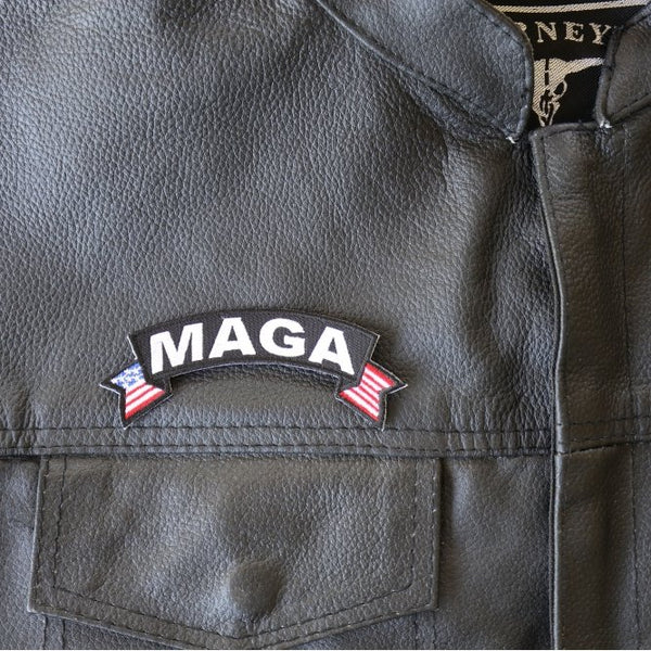 Red, White, Blue MAGA patch on a leather jacket