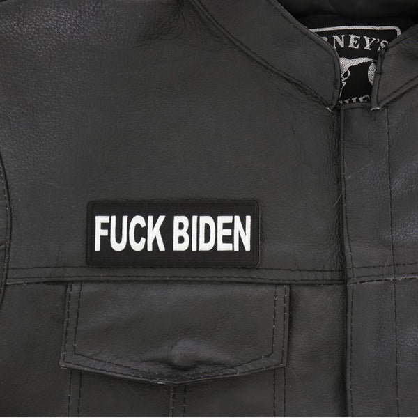 Fuck Biden patch on a black leather jacket
