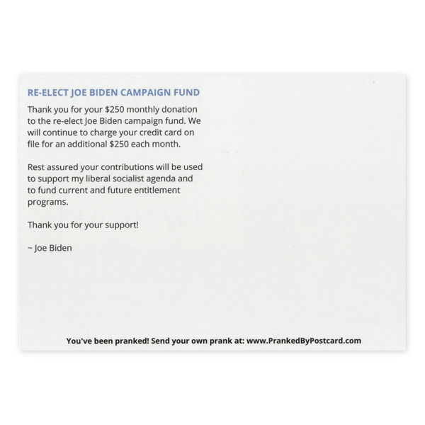 Prank Postcards (Joe Biden Donation) - Backside of Postcard